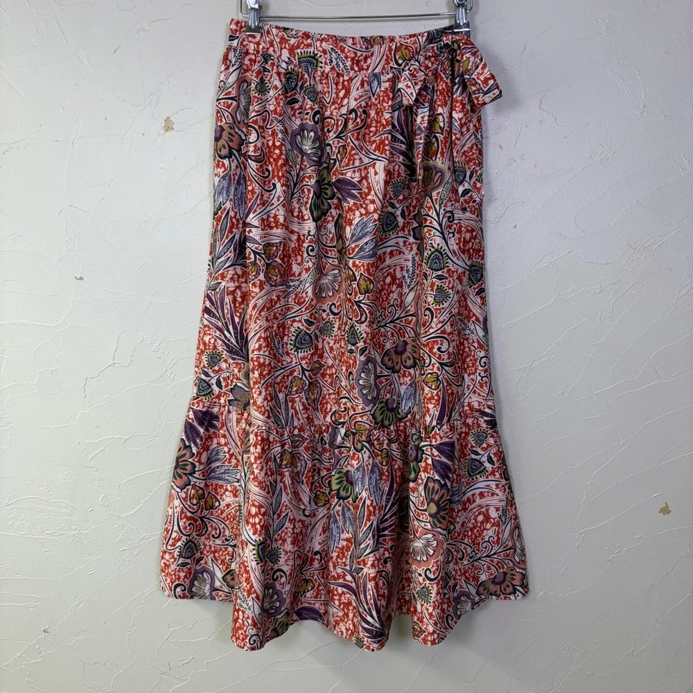 Rachel Zoe Floral Maxi Skirt Womens S Orange Boho Tiered Pockets Flowy Peasant